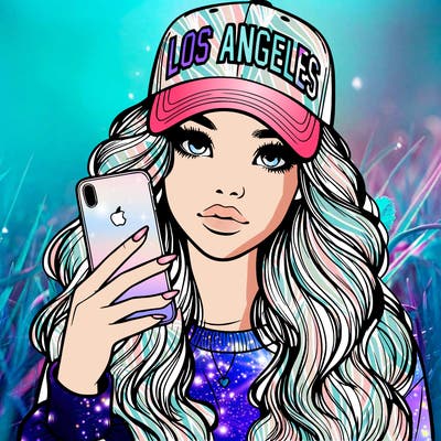 realistic beautiful girl wearing los ángeles cap holding an iphone
