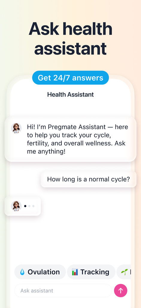 Interface de chat de l'assistant de santé IA dans l'application Pregmate pour les questions de fertilité et de cycle.