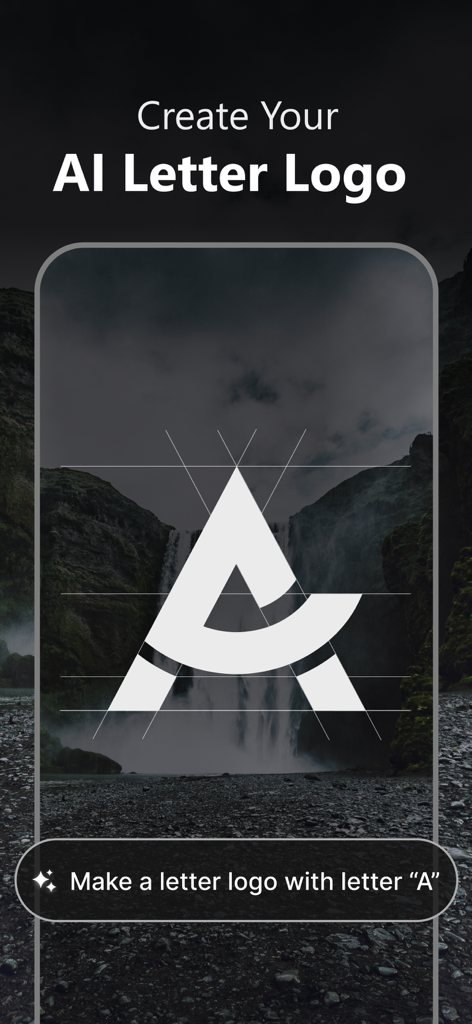AI Logo Maker: Flyer Generator - AI logo maker interface showing a stylized letter A design with creative alignment guides over a waterfall background.