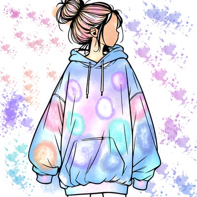 realistic girl with a oversized sweatshirt on and a bun