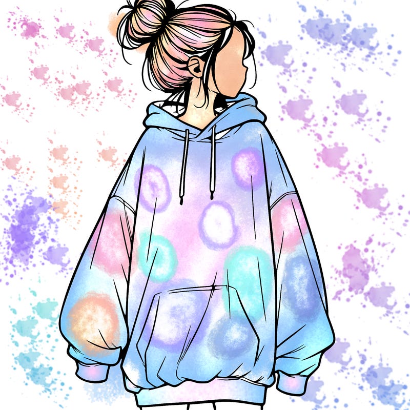 realistic girl with a oversized sweatshirt on and a bun