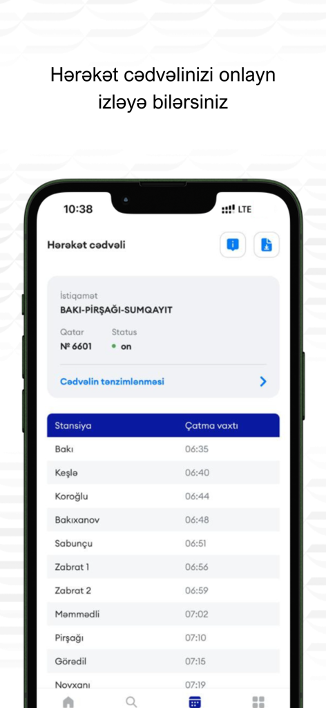Pantalla de smartphone que muestra el horario de trenes y los tiempos de llegada en la aplicación ADY Mobile