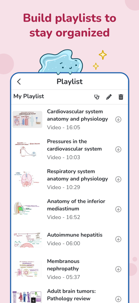 Osmosis医学学習アプリのスクリーンショット。様々な解剖学および生理学の動画を含むプレイリスト機能が表示されている。
