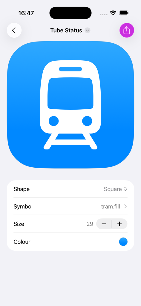 App Icon Maker - Editor do App Icon Maker com um ícone de bonde em um fundo azul.