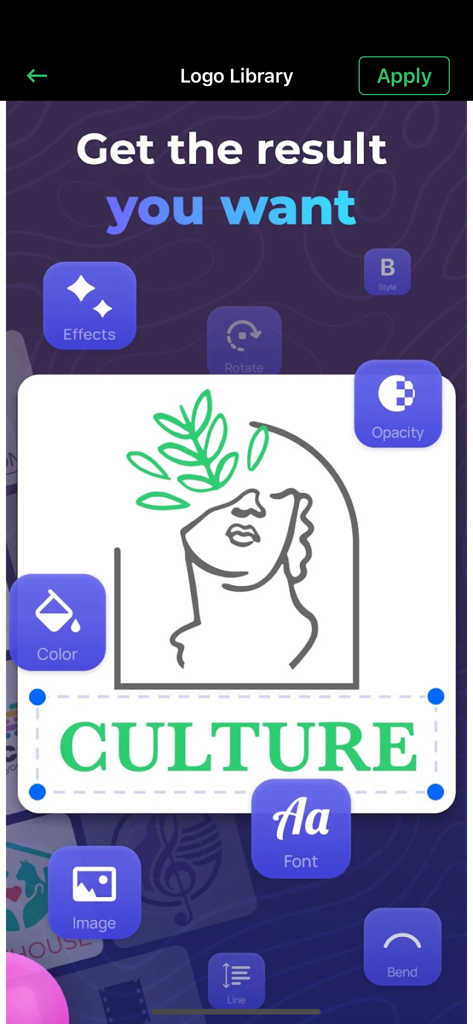 Make a Logo-Design Your Brand - Interface de aplicativo móvel mostrando ferramentas de design de logotipo e um modelo de marca criativo para um logotipo de negócios