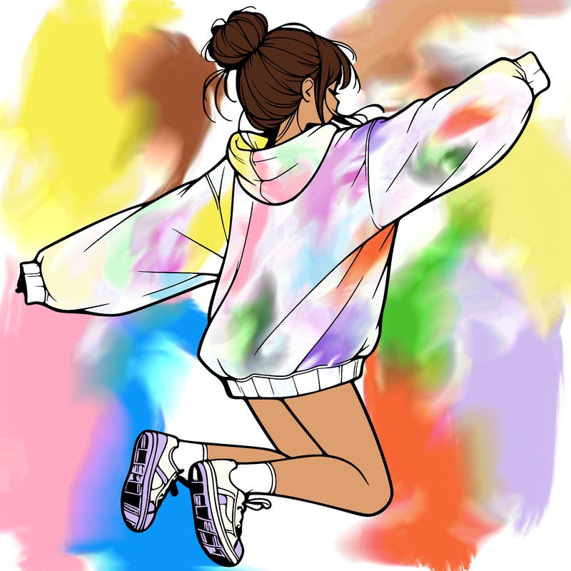 realistic girl jumping with a bun and oversized sweatshirt