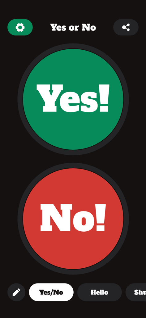 A mobile app interface featuring a large green Yes button and a large red No button on a dark background.