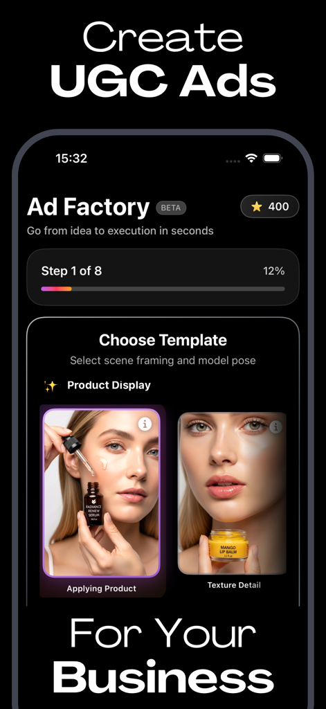 AI Studio - AI Video Generator - AI Studio 앱의 인터페이스는 비즈니스를 위한 제품 광고를 만들기 위한 Ad Factory 기능을 보여줍니다.