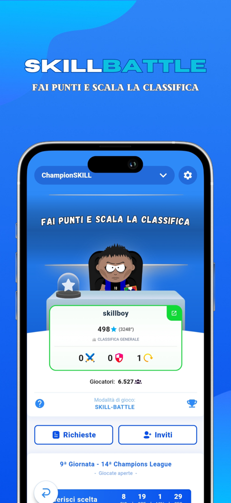 Skillbol - Skillbol app interface showing Skill-Battle mode leaderboard and user stats