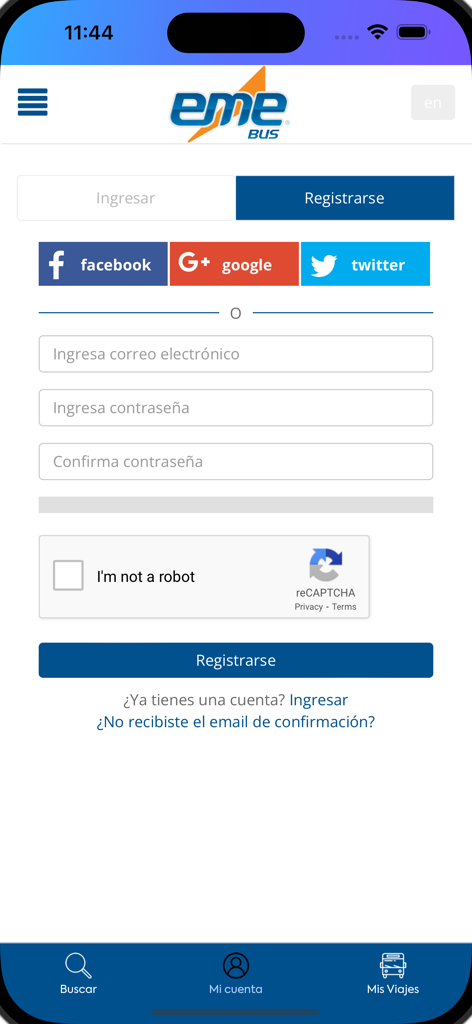 EME Bus - La página de registro de la aplicación EME Bus con botones de inicio de sesión social y campos de registro
