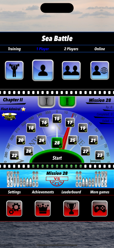 Schermata del menu principale di Battaglia Navale con le modalità di gioco e la selezione del livello di missione