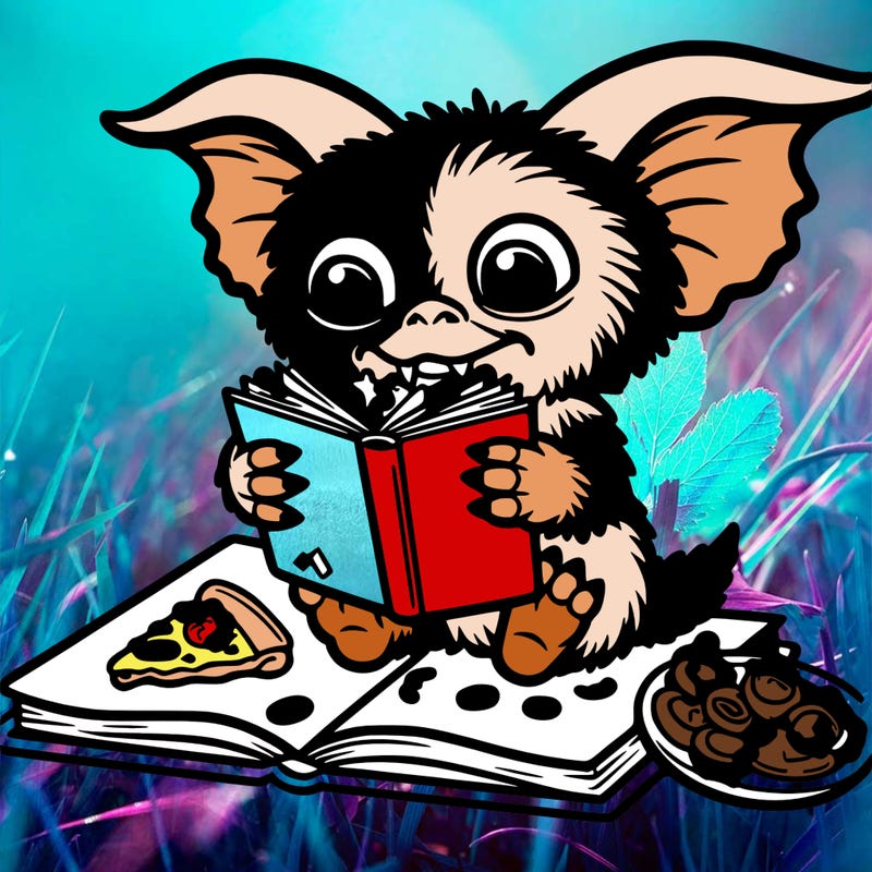 taco eating gremlin reading a book