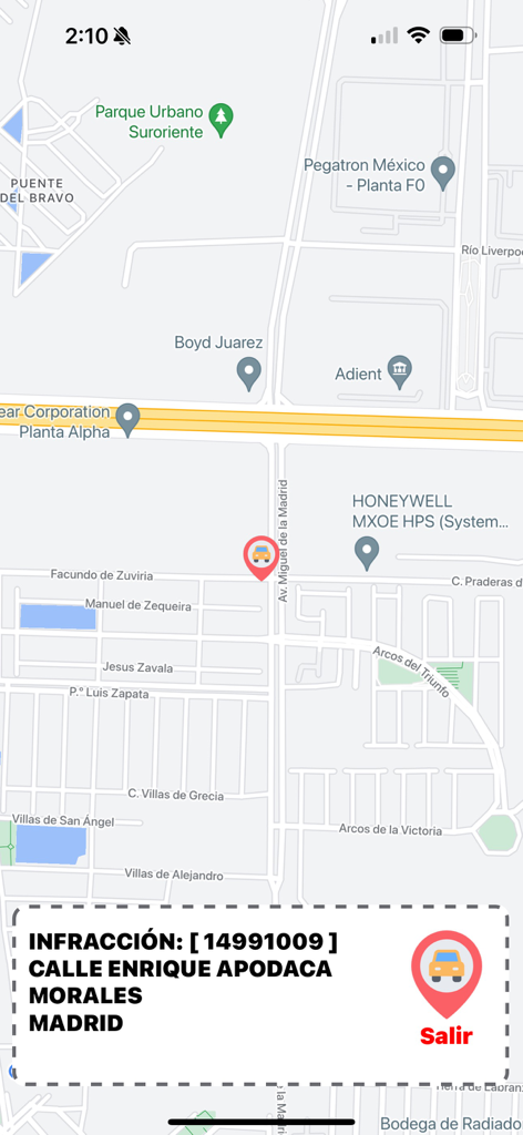 Juárez Conectado - Map view showing the location of a traffic ticket infraction in the Juárez Conectado app