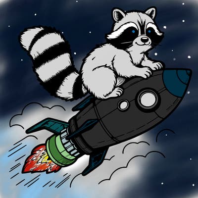 realistic raccoon flying on top rocket ship