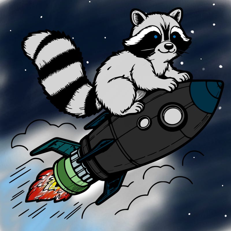 realistic raccoon flying on top rocket ship