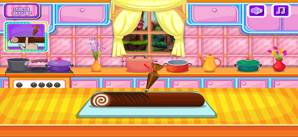 Baking black forest cake games - Decorating a chocolate swiss roll with a pastry bag in a colorful virtual kitchen.