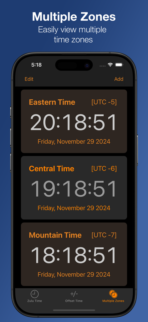 Captura de pantalla de la aplicación Zulu Time que muestra múltiples zonas horarias de EE. UU. con desfases UTC y horas actuales