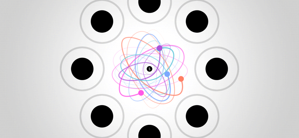 Pantalla de juego de física minimalista que muestra órbitas planetarias coloridas alrededor de agujeros negros