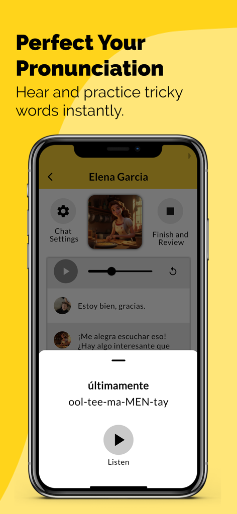 Amigo Lingo: Speak Spanish - Interfaz de la aplicación móvil para Amigo Lingo que muestra práctica de pronunciación de español con ortografía fonética para palabras complicadas