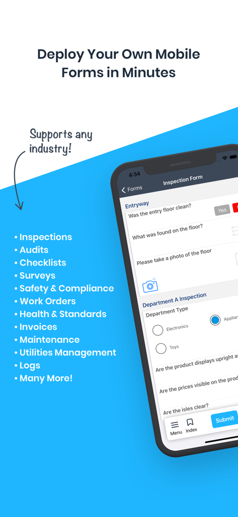 FastField Mobile Forms - Mobile phone showing FastField inspection form and a list of industry use cases like audits and safety compliance