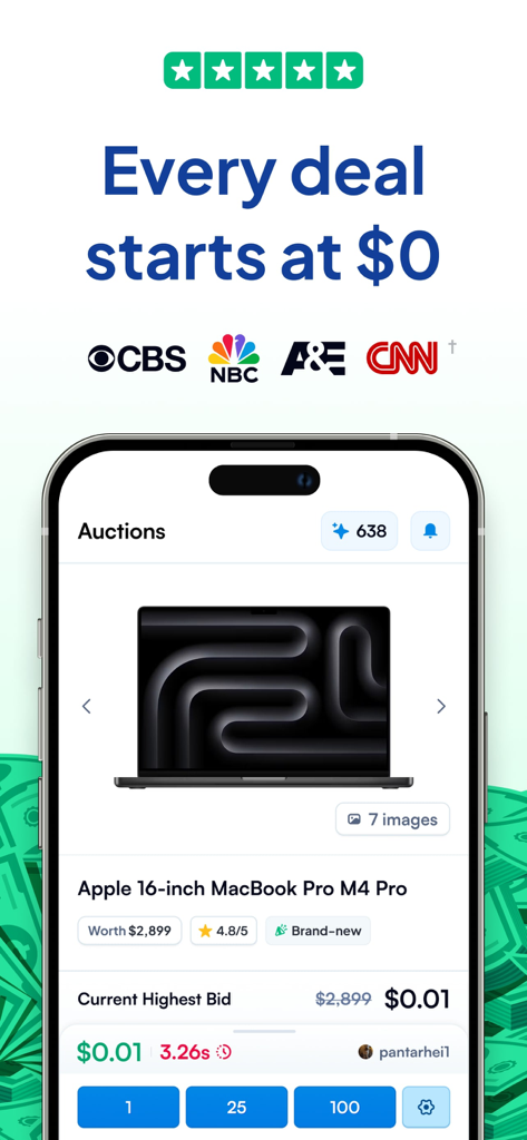 GovAuctions app interface showing a MacBook Pro auction with a one cent current bid and trust logos