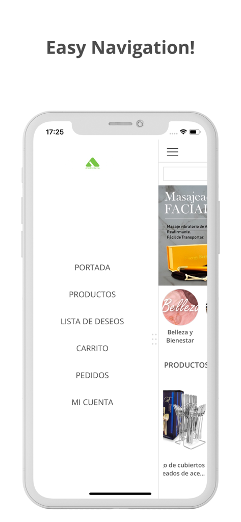 Andromeda Inc - app - Interfaz de la app Andromeda Inc que muestra el menú de navegación lateral con opciones de productos, lista de deseos y cuenta en español.