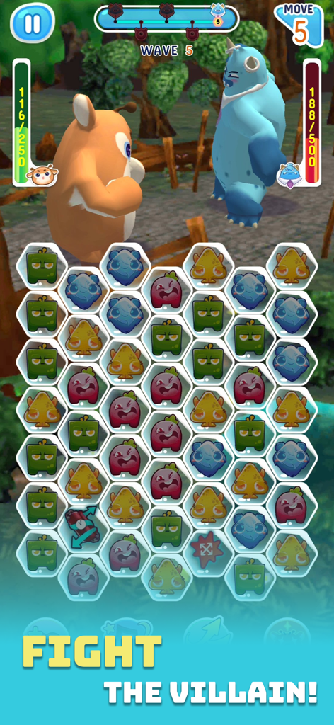 Bumi: Next stop, Earth! - A match-3 puzzle game screen where characters fight against a blue villain.