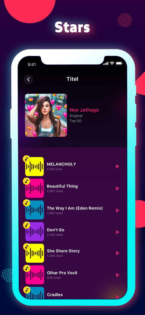 TikFamous - Vid & Music Effect - A list of trending music tracks and sounds in the TikFamous app for social media creators.
