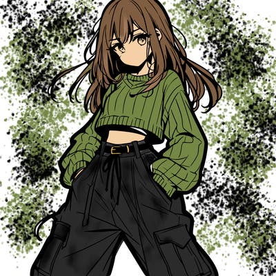 anime teen girl with baggy pants and crop top with sweater