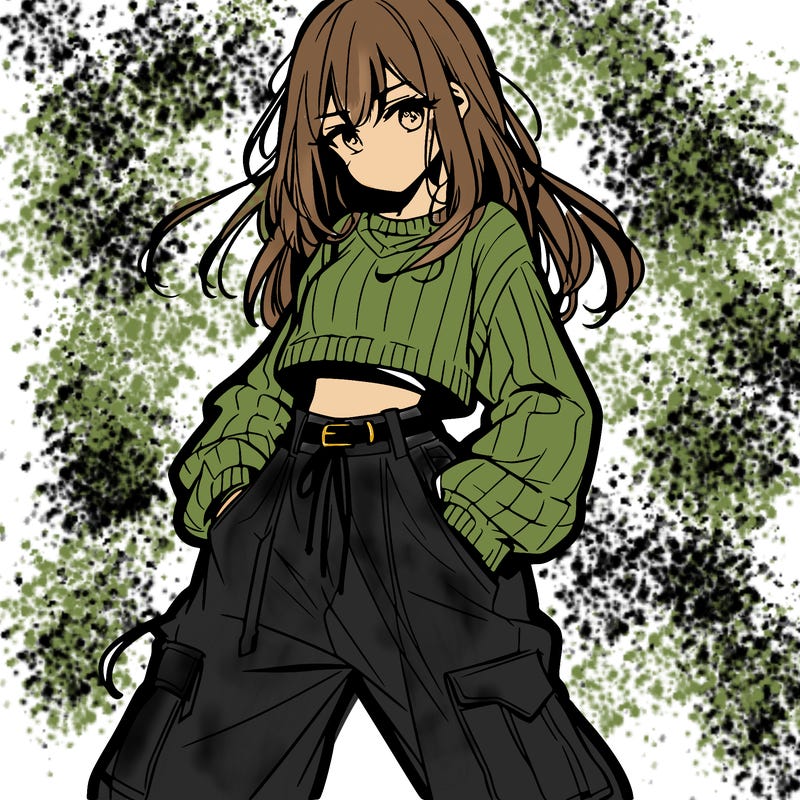 anime teen girl with baggy pants and crop top with sweater