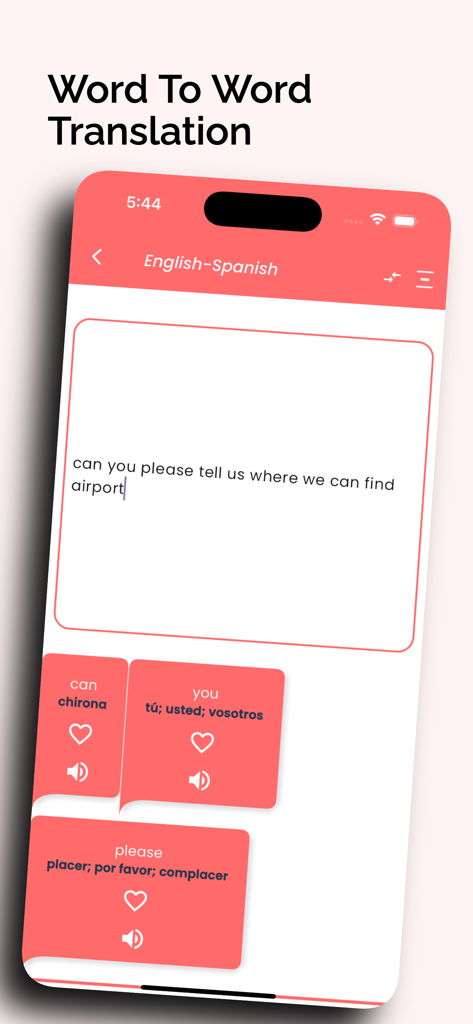 Spanish translator Offline! - Mobile app screen showing English to Spanish word by word translation with pronunciation and favorite icons.