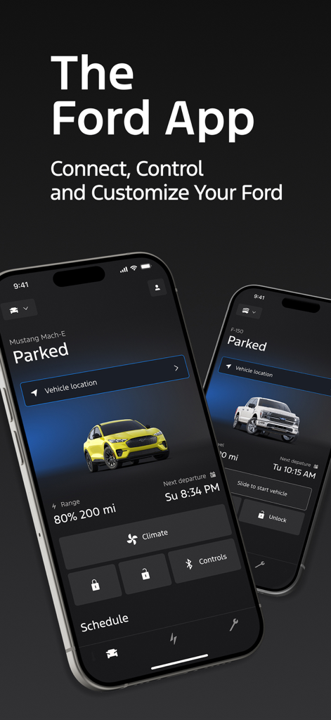 Dos iPhones que muestran la aplicación Ford con funciones de control remoto para un Mustang Mach-E y una camioneta F-150