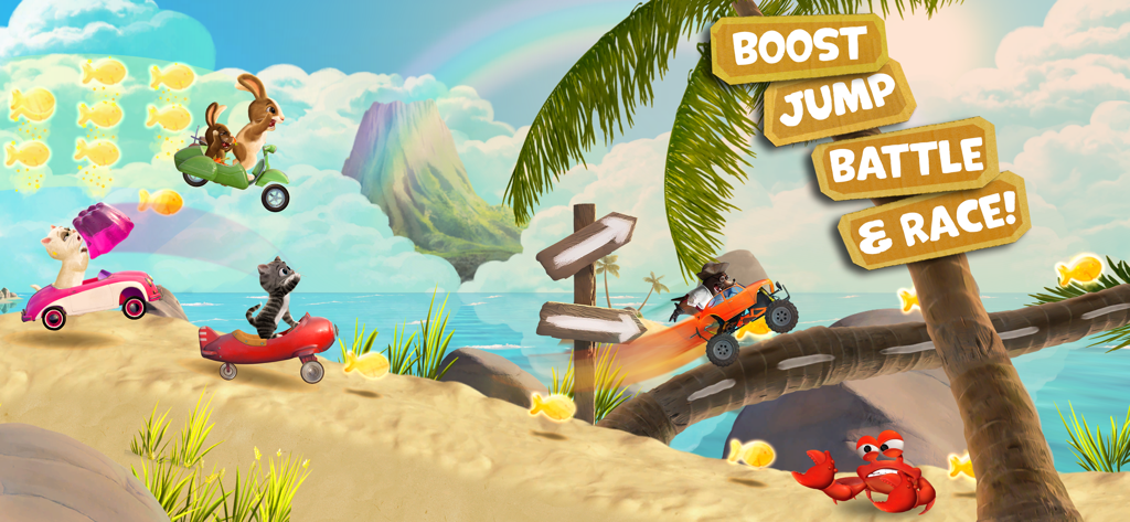 Pet Racing: Kids Go-Kart Game - Cute pet characters racing in colorful karts and vehicles on a sunny beach track