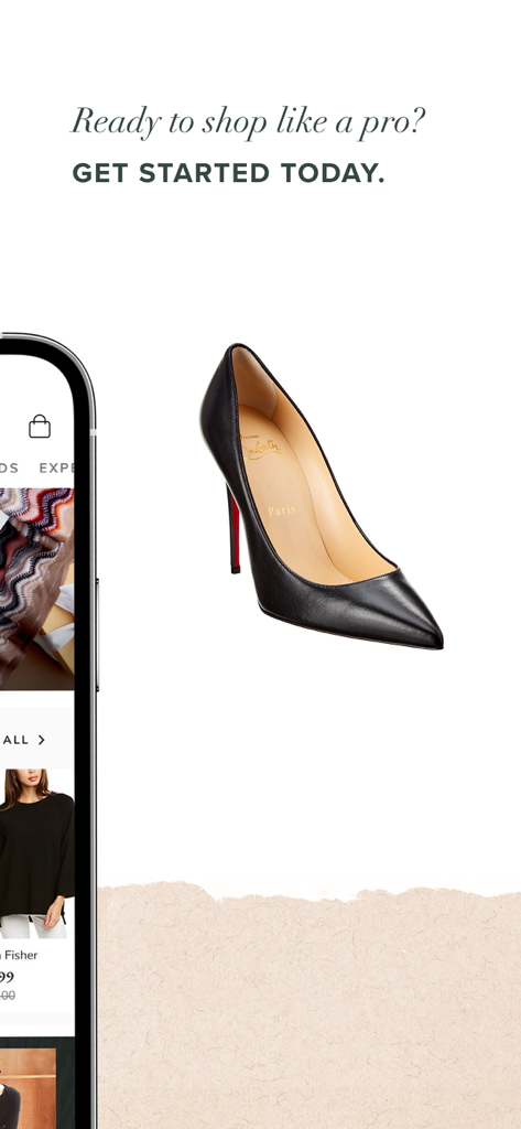 Rue La La - Shop Top Fashion - A black stiletto high heel next to a smartphone showing the Rue La La app interface