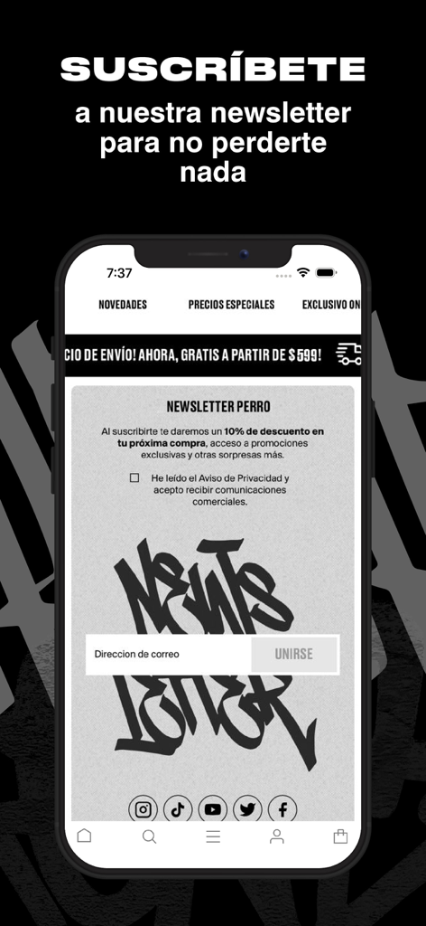 Cuidado Con el Perro - Pantalla de suscripción al boletín de la app Cuidado Con el Perro ofreciendo un 10 por ciento de descuento en la próxima compra.