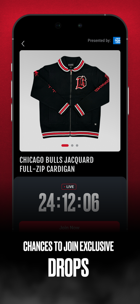 Chicago Bulls - A mobile screen from the Chicago Bulls app featuring an exclusive full-zip cardigan drop with a live countdown timer.