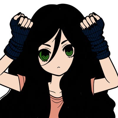 long haired girl with fingerless gloves