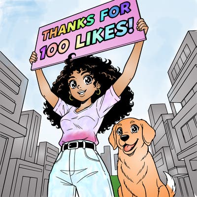 a girl with curly hair and dark skin holding a sign saying thanks for 100 likes!