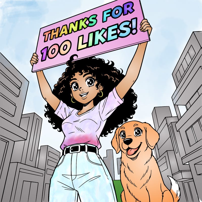 a girl with curly hair and dark skin holding a sign saying thanks for 100 likes!