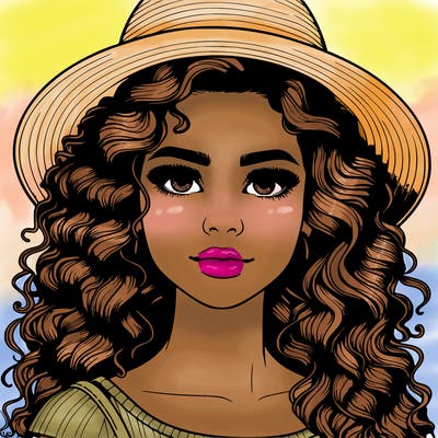 realistic girl with curly hair and a hat