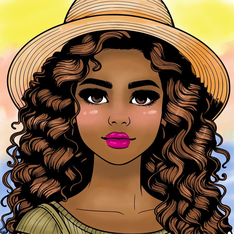 realistic girl with curly hair and a hat