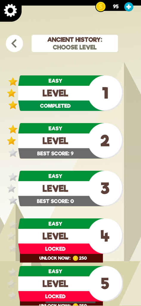 History: Quiz Game & Trivia - Pantalla de selección de niveles de historia antigua con estrellas de progreso y niveles bloqueados.