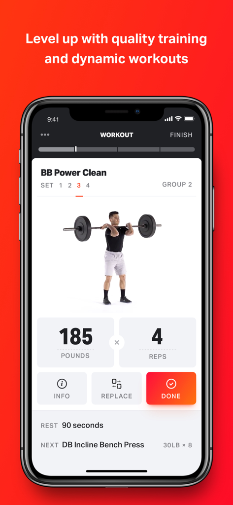 Smartphone screen showing the Volt app interface tracking a barbell power clean workout with sets and reps
