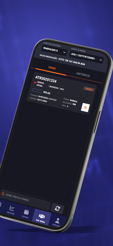 BFA CM BROKER - Aplicativo BFA CM BROKER exibindo ordens de negociação ativas na bolsa de valores angolana