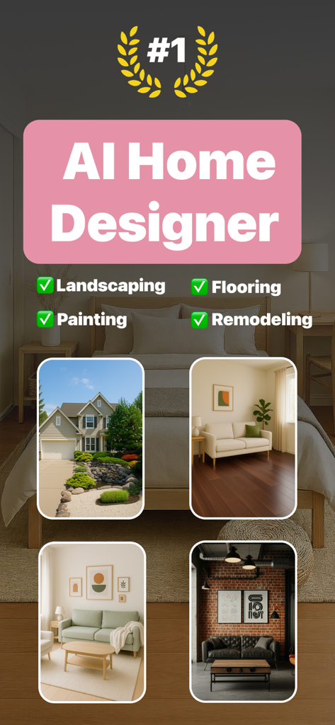 AI Home Design app interface showing landscaping flooring painting and remodeling features