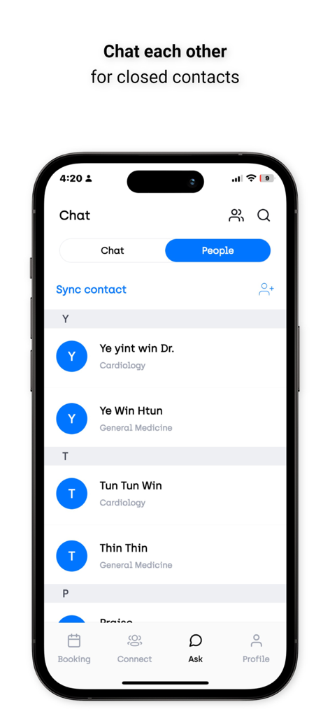 Careme Patient mobile App Chat-Ansicht mit einer Liste von Ärzten und Spezialisten