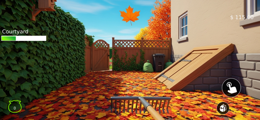 My Leaf It All Alone Blower Co - Vista en primera persona de rastrillar hojas de otoño naranjas en un patio acogedor