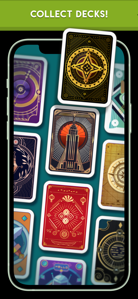 Display of various decorative card back designs in the Tricky Bridge mobile app