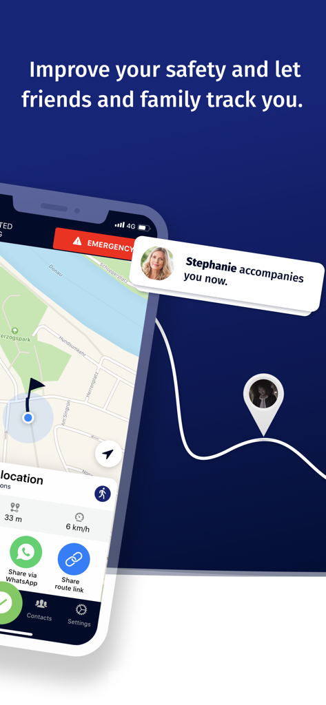 Arrive Safe app interface displaying live GPS map tracking and a notification that a companion is monitoring the journey.