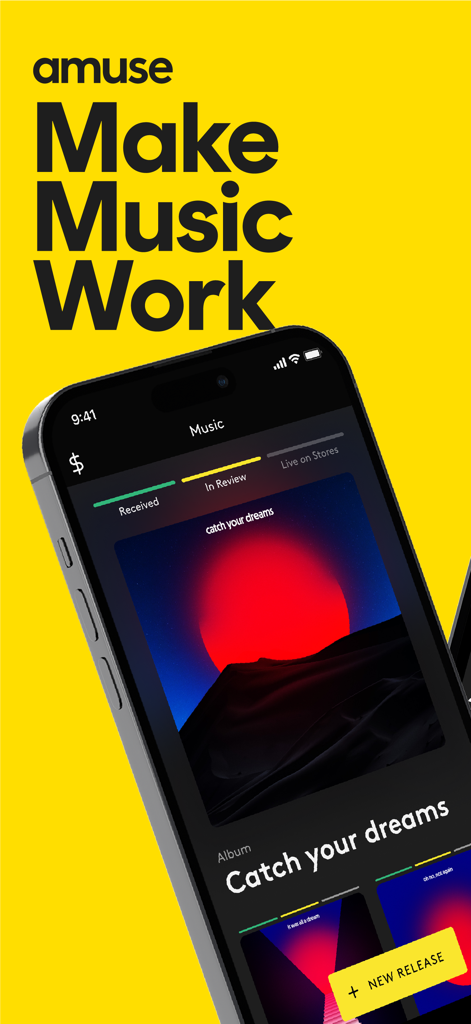 Amuse Music Distribution app on a smartphone showing the music release management interface